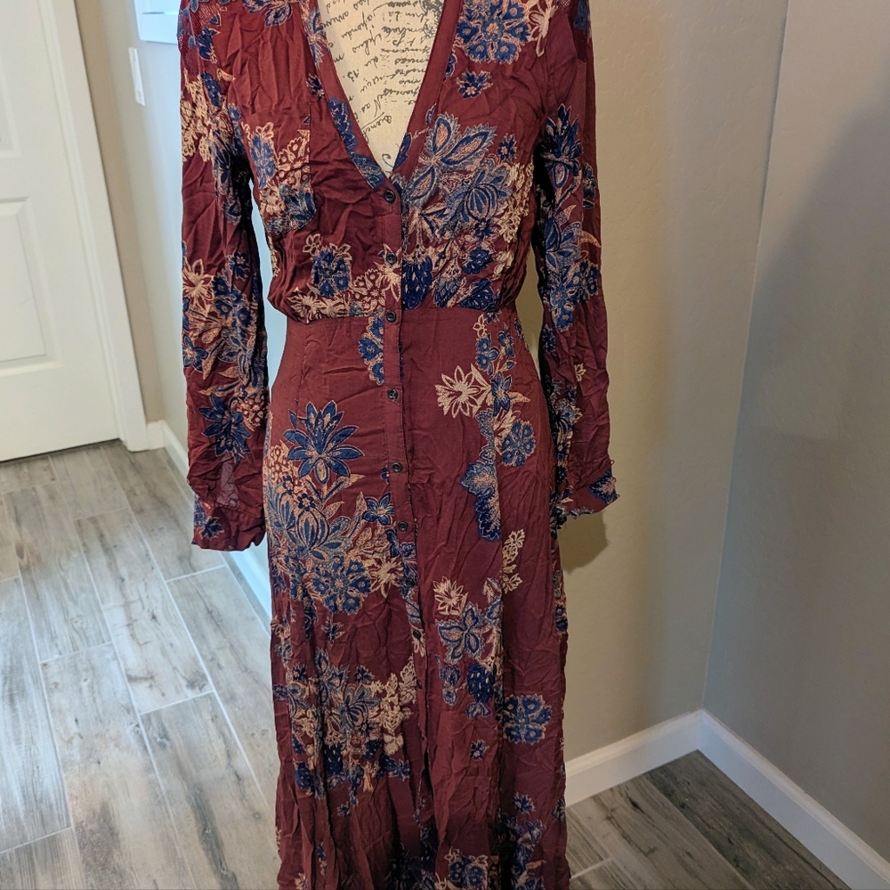 Free People Maxi Dress Floral V-Neck Maxi Dress Size 4 Long Sleeve - Picture 2 of 4